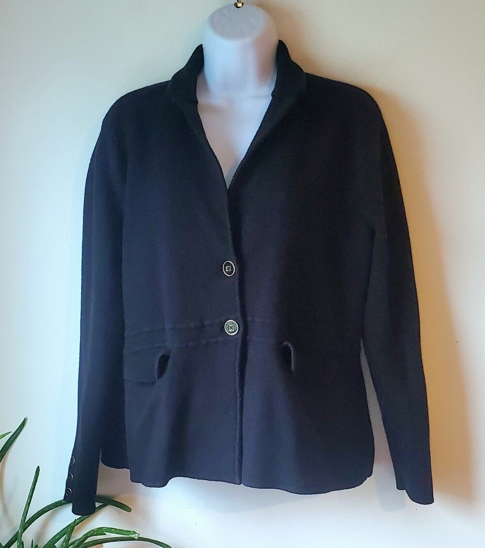 Talbots Womend Black Collared Merino Wool Cardigan Sweater Size XLP Preppy Boho